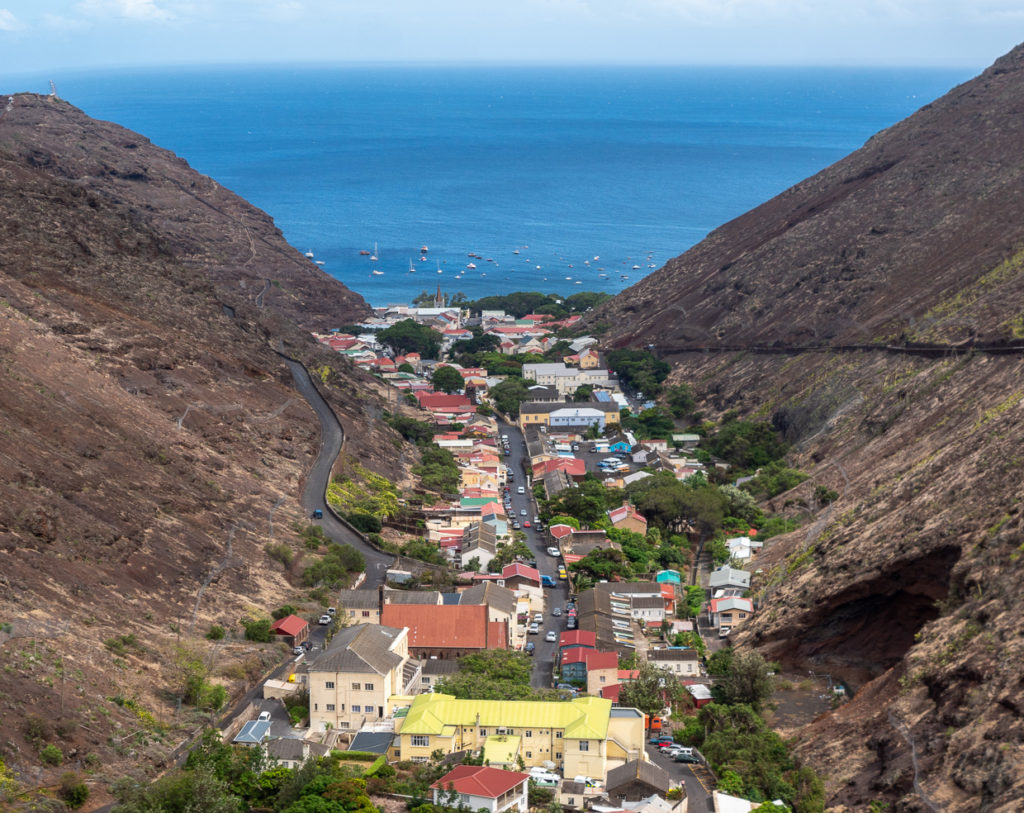 Panoramic view of colorful Jamestown St Helena with sea in backgrund