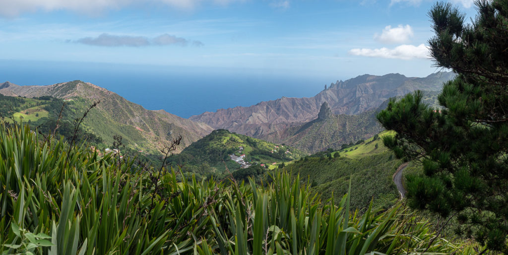 Panoramic view of Stiches Ride under blue skies in Saint Helena
