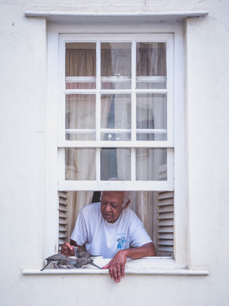 Street photograph of man feeding birds from white windowsill in Saint Helena