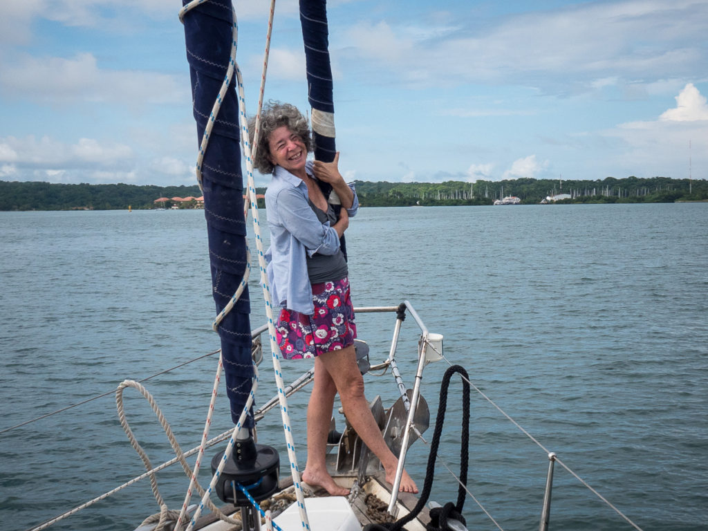Lisa Dorenfest arriving in Shelter Bay, Panama under sail at the conclusion of her first circumnavigation