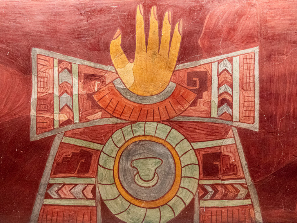 Mural fragment with single hand on display at the Museo Nacional de Antropologia in Mexico City